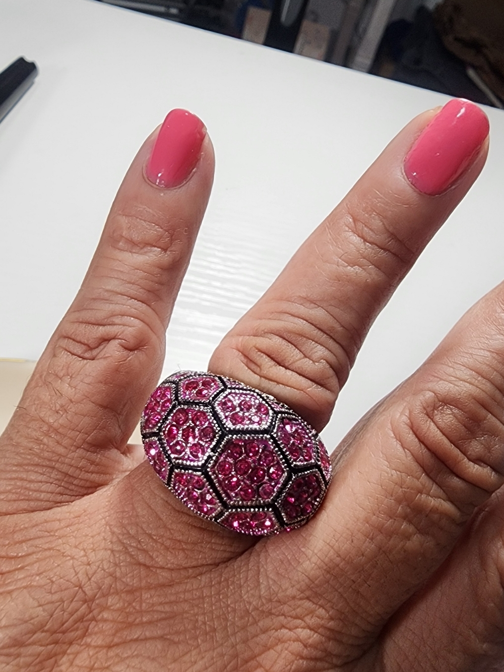 Pink Crystal Dome Statement Silver Ring